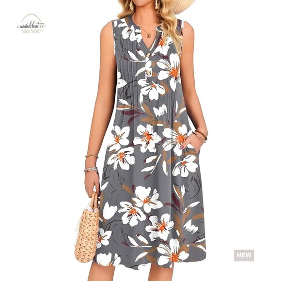 Dresses & Skirts - Sleeveless Midi Sundress with Pockets, V-Neck, Pleated A-Line